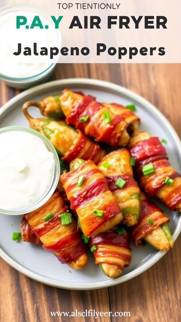 A delicious plate of bacon-wrapped jalapeno poppers from the air fryer, garnished and ready to be enjoyed.
